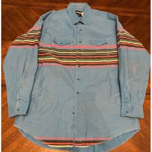 Wrangler Mens Western Shirt Blue Multi Color Stripe Tall Fit 18.5 x 37 V297-001A